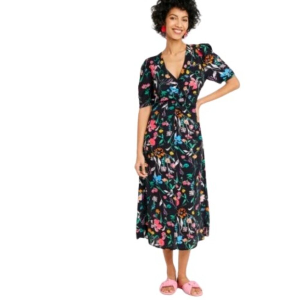 a new day Black Floral Wrap-Style Midi Dress